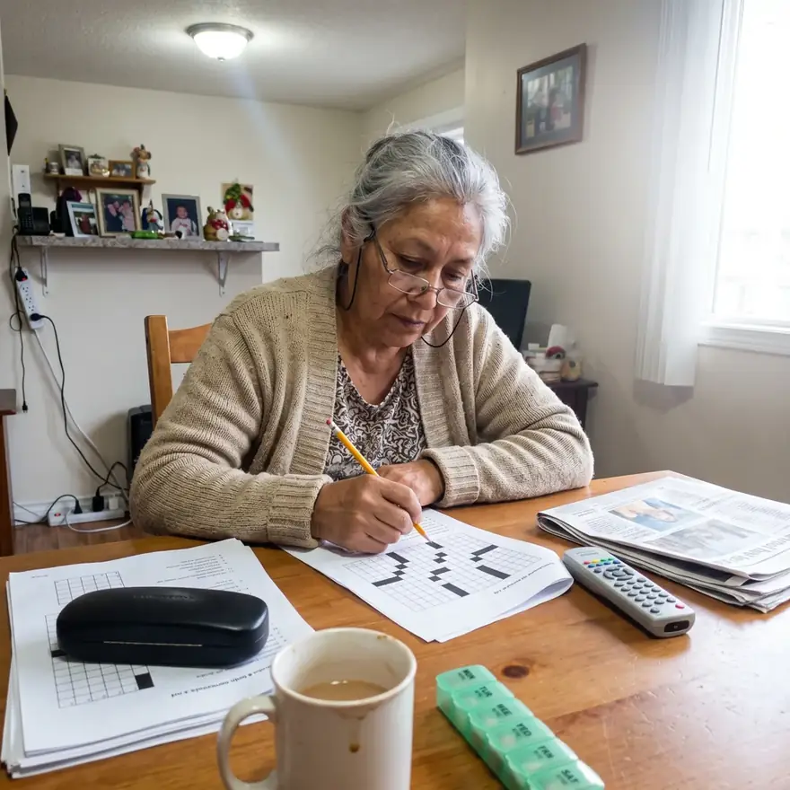 Mujer mayor resolviendo ejercicios de estimulación cognitiva en su mesa