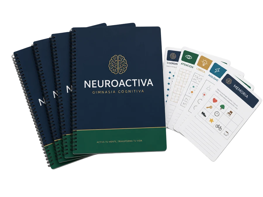 Mockup del sistema NeuroActiva con sus cinco libros y tarjetas de ejercicios