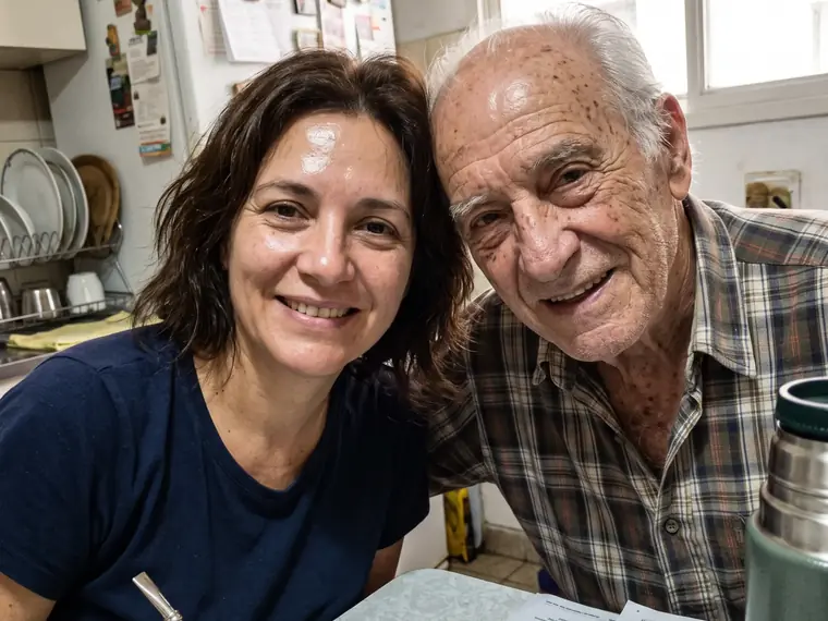 Carolina junto a su papá resolviendo ejercicios en la cocina